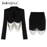 Black Patchwork Chains Two Piece Set Women Notched Long Sleeve Short Blazer High Waist Mini Skirt Women's Suit