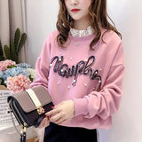 Clothing Casual 3D Letter Sweatshirts Fashion Pearl Beading Spring Autumn Korean Loose O-Neck Lace Patchwork