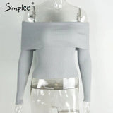 off shoulder elastic winter sweater women Short gray lapel pullover sexy white jumpers Autumn bodycon basic knitwear