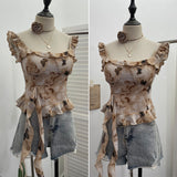 Real Shoot French Retro Irregular Lotus With Chest Cushions With Ribbon Sling Vest Summer Chiffon Top
