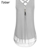 Lady Solid Color Back Bandage V Neck Sleeveless Zipper T-shirt Blouse Vest Tank Top Loose Ladies T-Shirt Tee