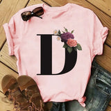 Letter Alphabet A-Z Women T-Shirts Fashion Breathable Flowers Short Sleeve Casual Tops Couple Basic Tee Crew Neck Clothes