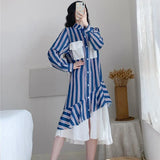 Clothing Striped Spliced Dresses Stylish Asymmetrical Fake Two Pieces Spring Autumn Polo-Neck Single-breasted Midi