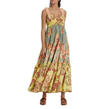 Women's Vintage Floral Print Silky Bow Knot Tie-Up Shoulder Straps Sleeveless Summer Big Swing Long Cami A-line Dress-Outfit
