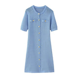 Women's New Fashion Collar Single Buckle Short Sleeves Thin Knit Mini