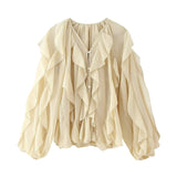 Women's V-Neck Folding Trim Shirt Long-Sleeved Top Loose