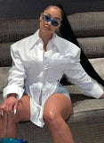 White Side Slit Turndown Collar Button Fly Long Sleeves