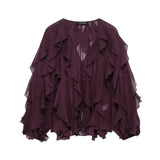 Women's V-Neck Folding Trim Shirt Long-Sleeved Top Loose