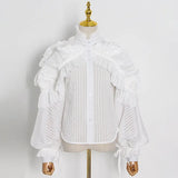 Striped Patchwork Ruffle Blouse For Women Stand Collar Long Sleeve Elegant Shirt Female Fashion Clothing