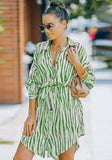 Turn-down Collar Full Sleeves Striped Print Belted Mini Loose Casual