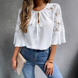Women's T-Shirt White Seven-Sleeved Lace Splicing Round Tie Solid Color Shirt
