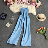 New Spring Autumn Fashion sleeveless off shoulder denim Jumpsuit high waist pleated solid color casual wide leg