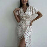 Women's Spring New Short-Sleeved Temperament Commute High-Waist Print Long