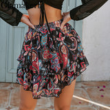 Ethnic vintage printed high waist skirt Ruffles holiday beach mini skirt Spring summer A-line floral printed skirts