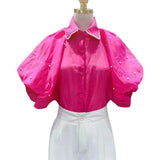 Patchwork Pearl Shirt For Women Lapel Puff Sleeve Solid Minimalist Button Through Blouse Female Fashion Clothes