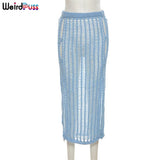 Puss Summer Knitting Sexy Long Skirt Women Elastic See-Through Hollow Out Grid Party Streetwear Bottom Solid Color