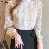 Sleeve Women Shirt Stand Collar Flower Embroidery Blouse Women Elegant Fashion Button Lace Shirts Female Loose Blusas