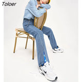Women Jeans 2022 Autumn High Waist Wide Leg Denim Pants Solid Blue Heart Shape Chain Chic Casual Streetwear