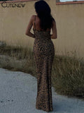 Women's Leopard Printed Maxi Dress Elegant Spaghetti Strap Backless Lace-up Robe Skinny Retro Dresses Vestidos New 2023-Outfit