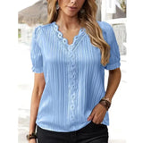 Summer Hollow Out Short Sleeve Tops Office V-neck Blouse Women Lace Mujer Loose Ladies Simple Casual Shirts Elegant