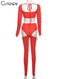Unique Hollow Solid 2 Piece Set Women Concise Full Sleeve Square Neck Crop Tops+High Waist Slim Pants Female Streetwear-Outfit