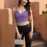 Station New Sequins Spliced Crystal Chain Spicy Girls Short Sling Navel Blouse-Outfit