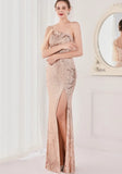 Sequin One Shoulder Slit Long Evening