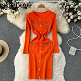 Fashion Women Sweater Dress V Neck Chain Long Sleeve Bodycon Dress Female Elastic Waist Solid Warm Knitted
