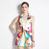Colorblock Cartoon Print Short Pant 2 Piece Set Women Notched Sleeveless Blazer Jacket + Wide Leg Shorts Set
