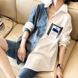 Loose Denim Spliced Blouse Casual Asymmetrical Spring Autumn Long Sleeve Female Clothing Pocket Single-breasted