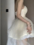 Party Dresses Women Mesh Lace Patchwork Slash Neck Strapless Puffy Layered Mini Dress Elegant Ladies Backless White-Outfit