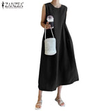 Sleeveless A Line Robe Beach Casual Loose Vestidos 2021 Summer Cotton Linen Tank Dresses ZANZEA Fashion Solid Maxi