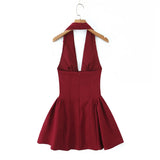 Dress Body With Bare Back Hanging Neck Dress Female Hollow Deep V-Necked Minority French Folded A-Word Mini-Skirt Dress