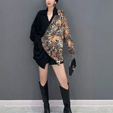 Printed Asymmetrical Blouse Patchwork Female Clothing Stylish Single-breasted Spring Autumn New V-Neck Casual Loose