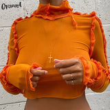 Women Y2K Fashion Sexy Mesh t-Shirt Long Sleeve Striped Tops Turtleneck Stretchy Summer See Though Skinny Thin