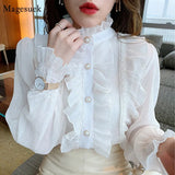 Ruffle Lace Chiffon Shirt Elegant Sweet Chic Long Puff Sleeve Women Blouse Apricot Tops Stand Collar Clothes Blusas