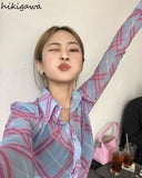 Blouse for Women Fashion Plaid See Throught Shirts 2023 Blusas Mujer De Moda Crop Tops Korean Tunic Sexy Y2k Top 27p423-Outfit