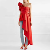 Elegant Asymmetrical Shirts For Women Skew Collar Ruffled Butterfly Sleeve Hollow Out High Waist Ruched Shirt Female