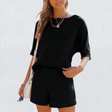 Casual Cotton Linen Pocket Sets Short Sleeve T Shirt And Elastic Shorts Two Piece Set Women Beach Solid Outfits