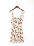 Retro French Yellow Green Floral Grass Print Spaghetti Strap Dress Sexy Women Lacing Up Sling Short Dresses Holiday Robe-Outfit
