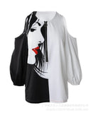 Loose Zipper Print Shirt Blouse Women Spring Summer Fashion V-neck Lantern Sleeve Shirts For Women Sexy Off Shoulder Top-Outfit