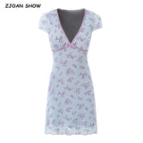 Sexy Light Blue Flocking Flower Bow Binding Deep V neck Mesh Mini Dress Woman Short Sleeve Package Hips Party Robe Bodycon-Outfit
