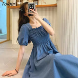 Sleeve Dress Women Summer Solid Pleated Square Collar Mid-calf Elegant Korean Simple Leisure Loose Preppy Womens A-line