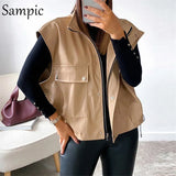 Fashion Waistcoat PU Leather Black Pocket Winter Jacket Women Tops 2020 Short Sleevless Autumn Khaki Coat Vest