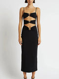 Small Metal Buckle Decoration Sexy Hollow Black Sling Dress Open Breast Design High-Leach Banded