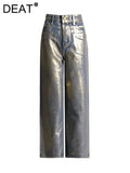 Women's Jeans High Waist Gilded Coated Loose Straight Wide Leg Cool Design Denim Pants 2024 Summer New Fashion 29L5443-Outfit