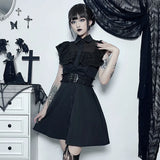 Temperament Lotus Leaf Edge Waist Polo Collar Dress Dark Fashion Leisure Commuter Black Skirt Children-Outfit