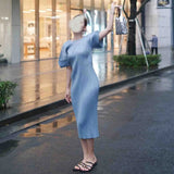 Folds 2025 New High-Grade Solid-Colored Round Collar Folded Dress Loose Fashion Comfortable Casual
