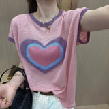 Women's Heart-shaped Printing Thin Bamboo Knot Cotton Short Sleeve Casual Loose and Cool Versatile Temperament Tops-Outfit