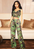 Printed Strap Crop Top and High Waist Wide Pants Two Piece